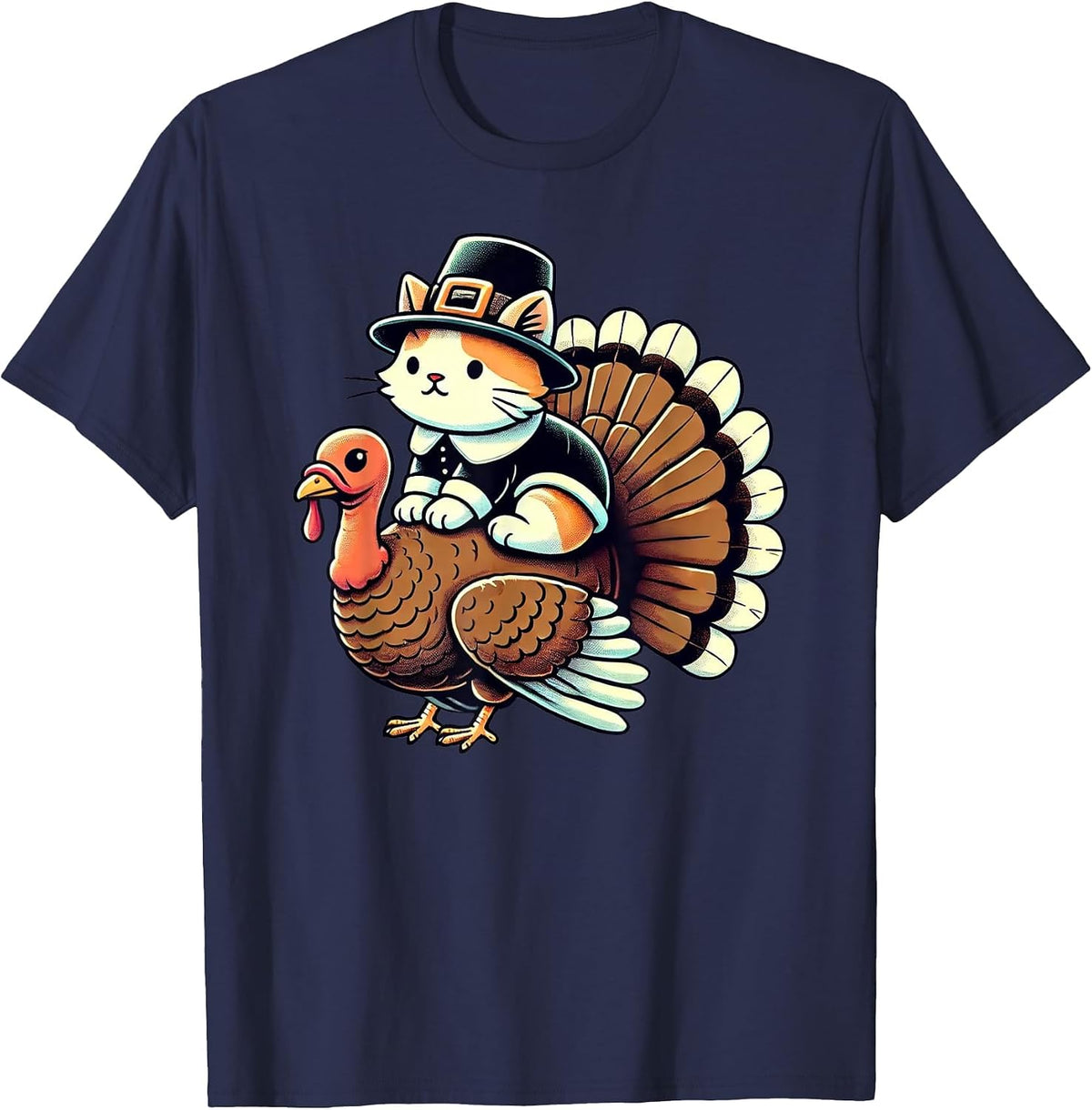 Pilgrim Cat Costume On Turkey Funny Thanksgiving Turkey T-Shirt - Navy Blue