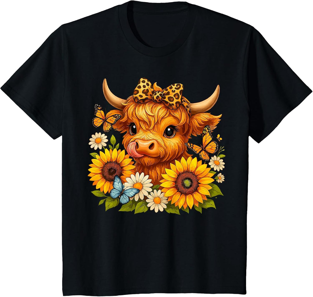 Sunflower Highland Cow Scottish Cattle T-Shirt - Black