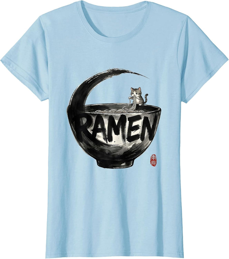 Women's RAMEN Kawaii Anime Cat Funny Japanese Humor T-Shirt - Baby Blue
