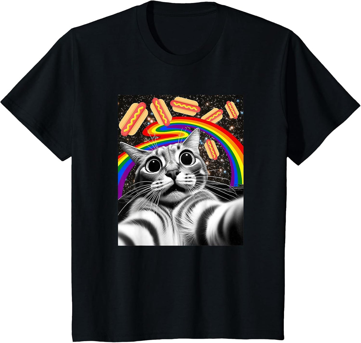 Funny Graphic Rainbow Hotdog UFOs Cosmic Space Selfie Cat T-Shirt - Black