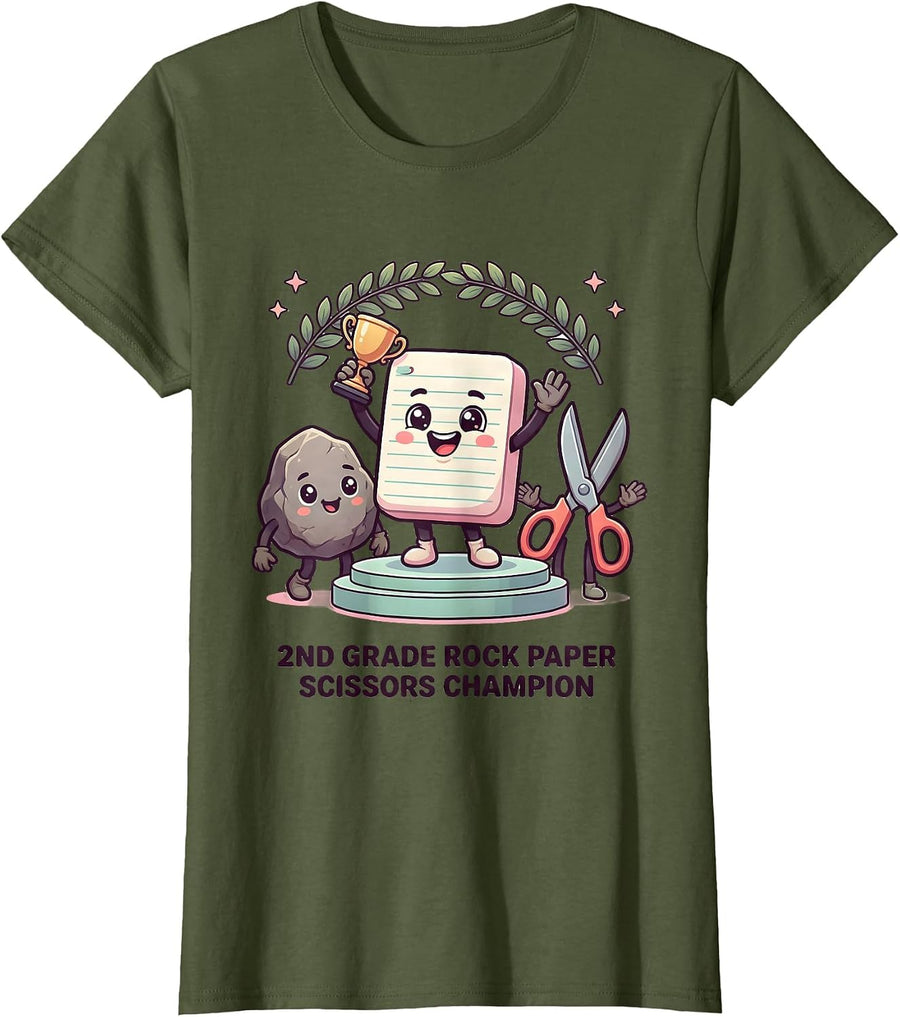 2nd Grade Rock Paper Scissors Champion Cute Kawaii Back T-Shirt, Women, Olive Green, XX-Large - As Pictured