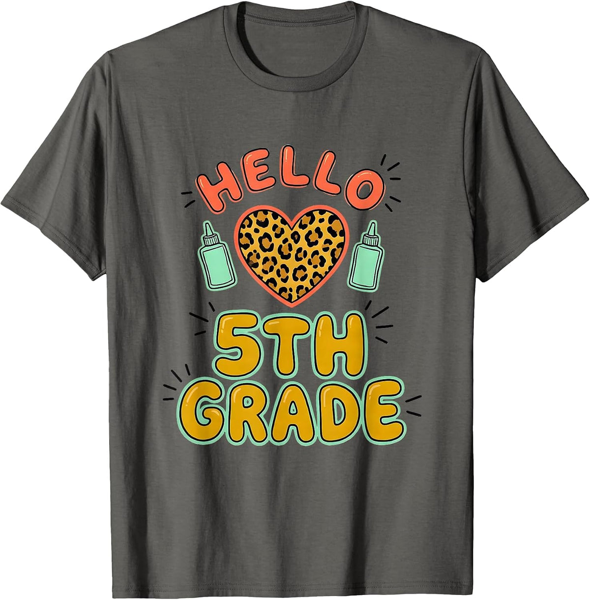 Men's Hello 5th Grade Casual Leopard Heart Back To School Girl T-Shirt - Asphalt Grey