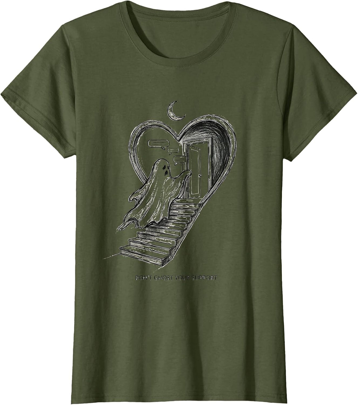 Women's Don't Ghost Your Support Mental Health Halloween Ghost T-Shirt - Olive Green
