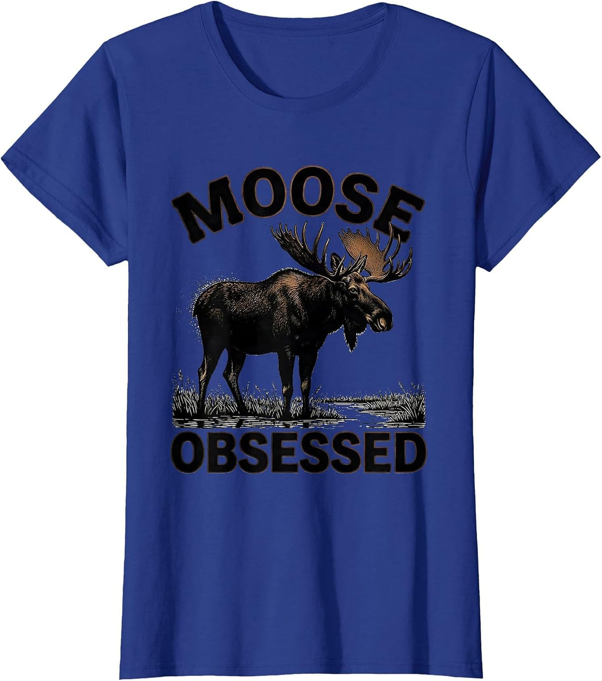 Women's Mooseobsessed Blackwork Dotwork Elk Moose Hunting Wildlife T-Shirt - Royal Blue