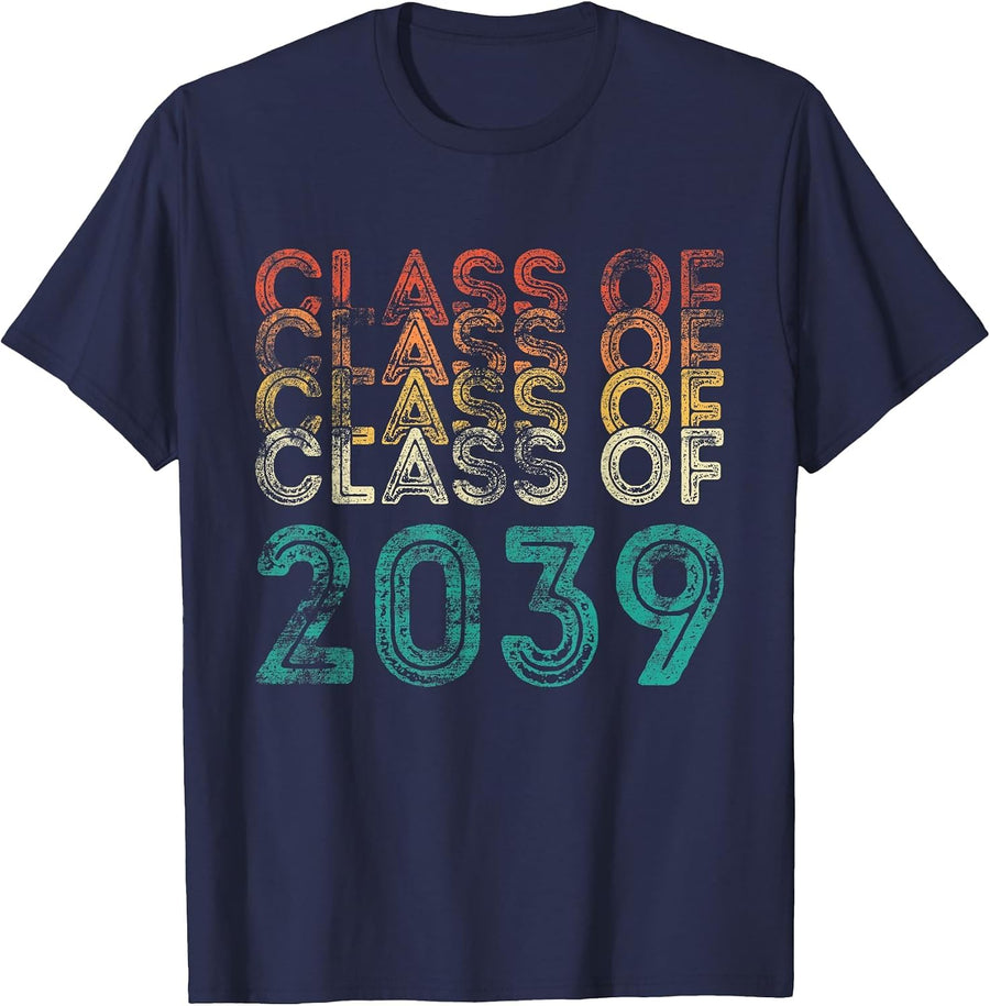 Retro Vintage Class of 2039 Grow with Me First Day of School T-Shirt - Navy Blue