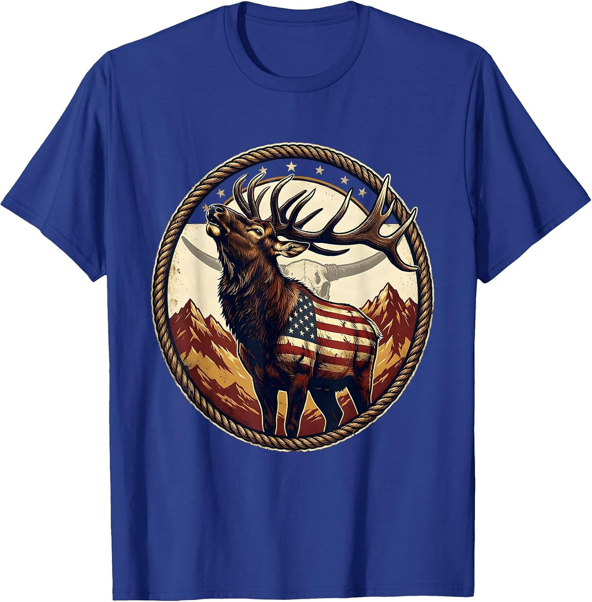 Men's Elk Bugling in Misty Mountain Meadow Camo T-Shirt - Royal Blue