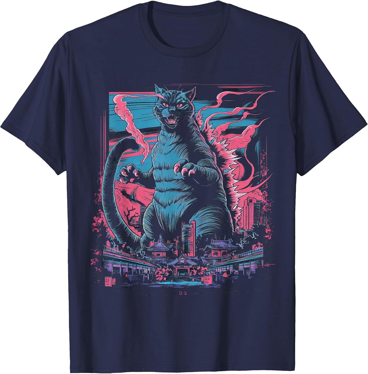 Catzilla Cat Japanese Art Funny Cat for Men Women Kid T-Shirt - Navy Blue
