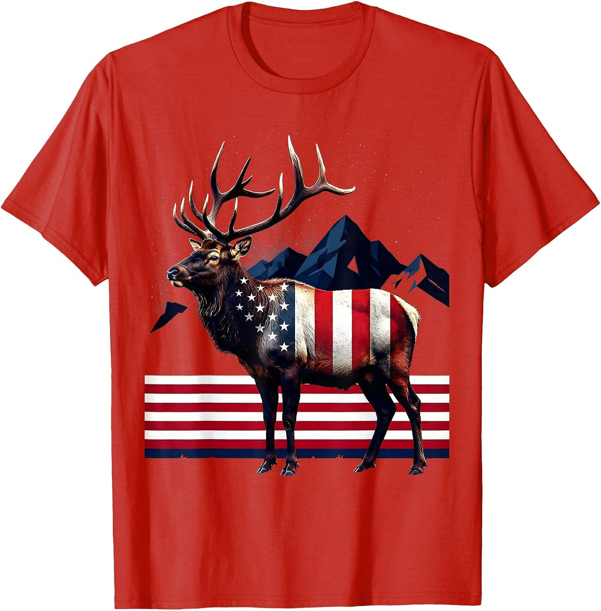 Men's Elk in Misty Mountain Meadow Wildlife Design T-Shirt - Red