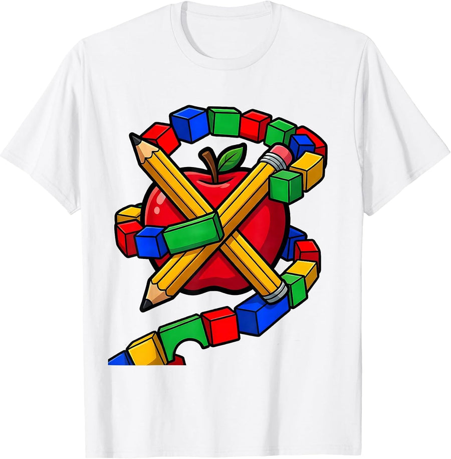 Men's Preschool Teacher Pencil Apple Colorful ABC Graphic T-Shirt - White