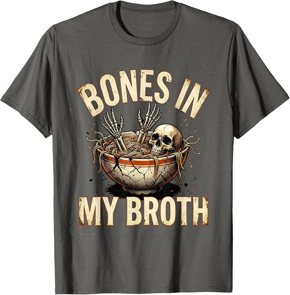 Men's Halloween Skeleton Ramen Noodle Bowl Bones Design T-Shirt - Asphalt Grey