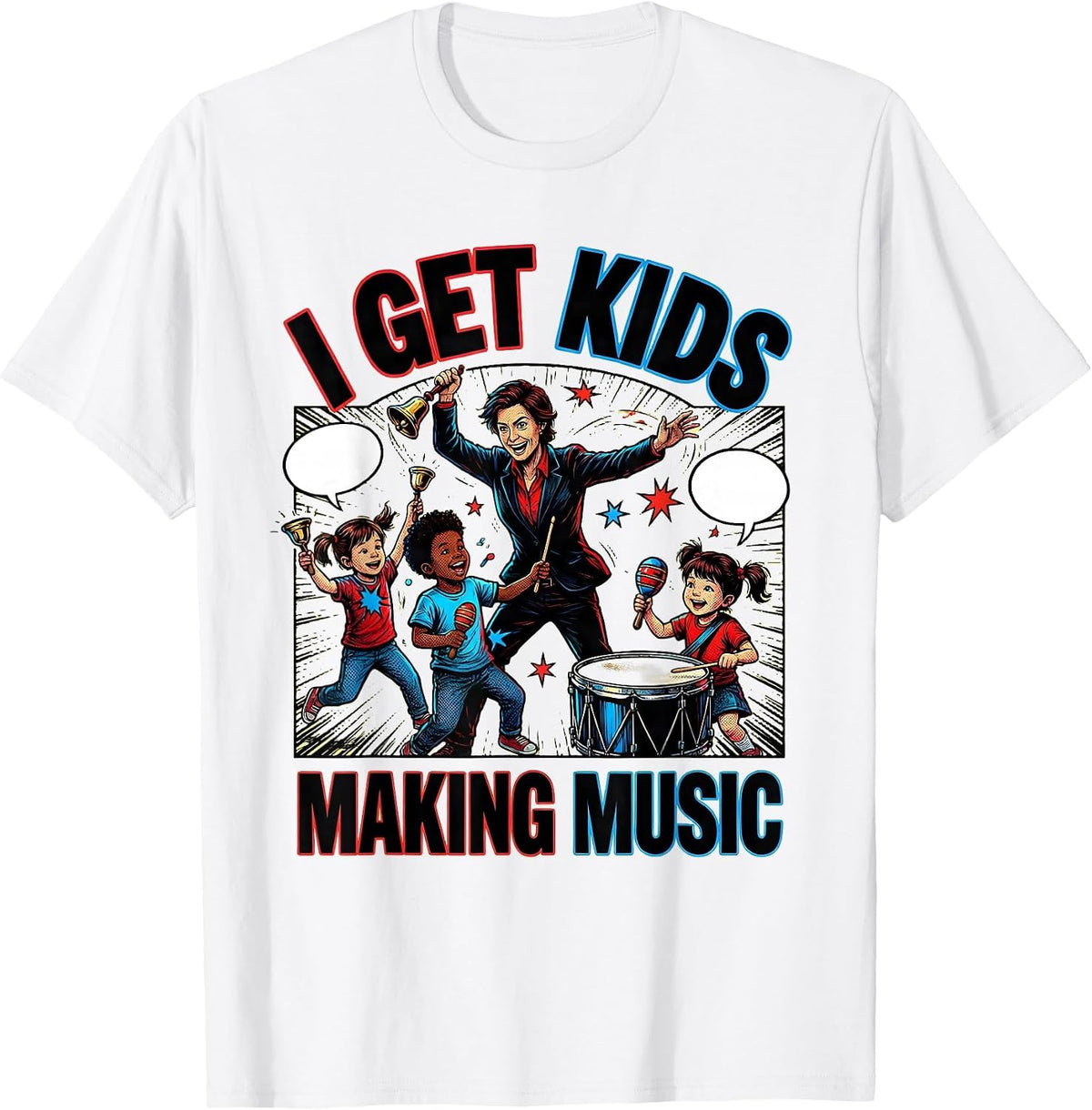 Men's I Get Kids Making Music Comic Book Music Teacher Back T-Shirt - White