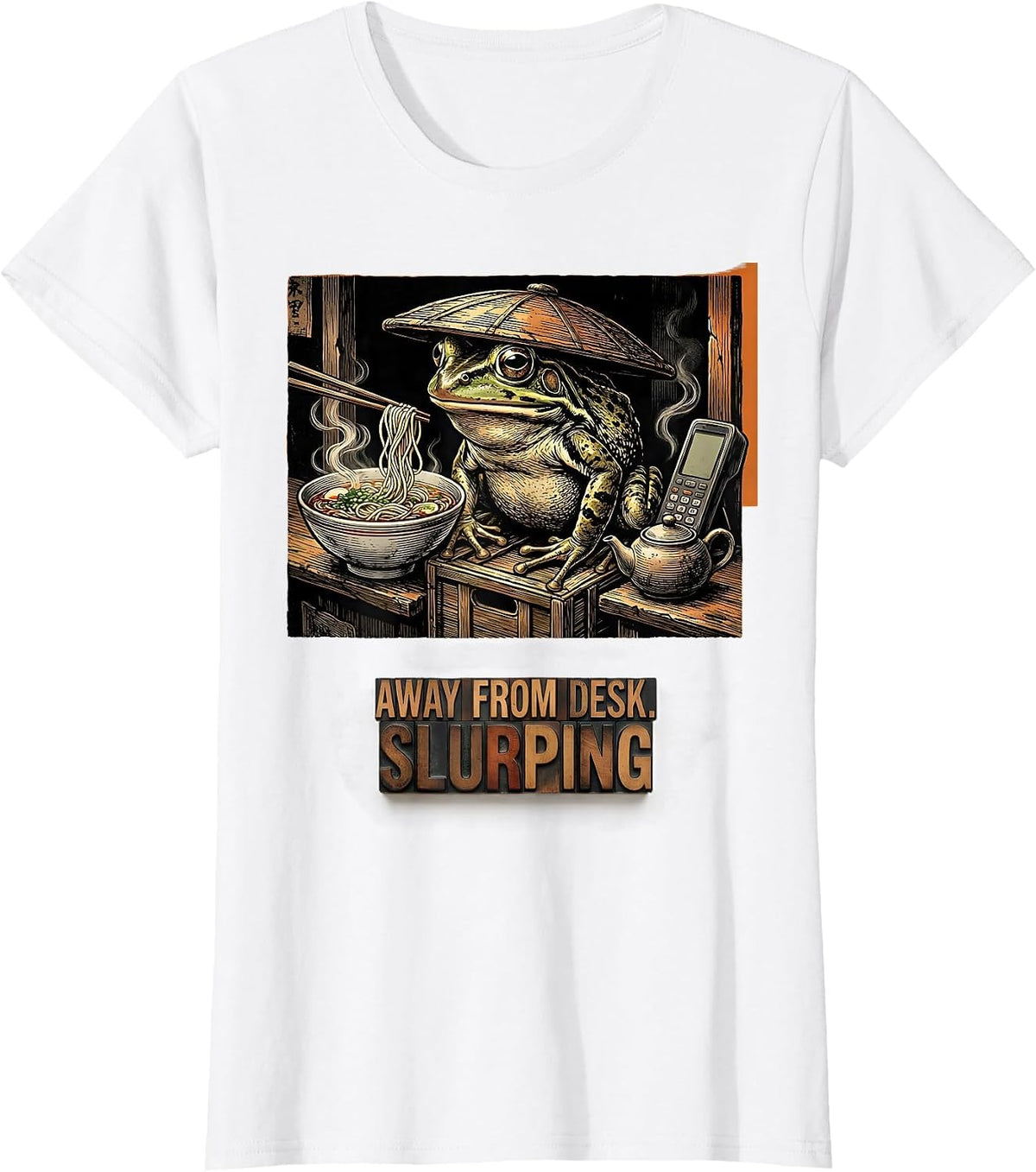 Away From Desk Slurping Funny Grumpy Frog Ramen Phone Scroll T-Shirt - White