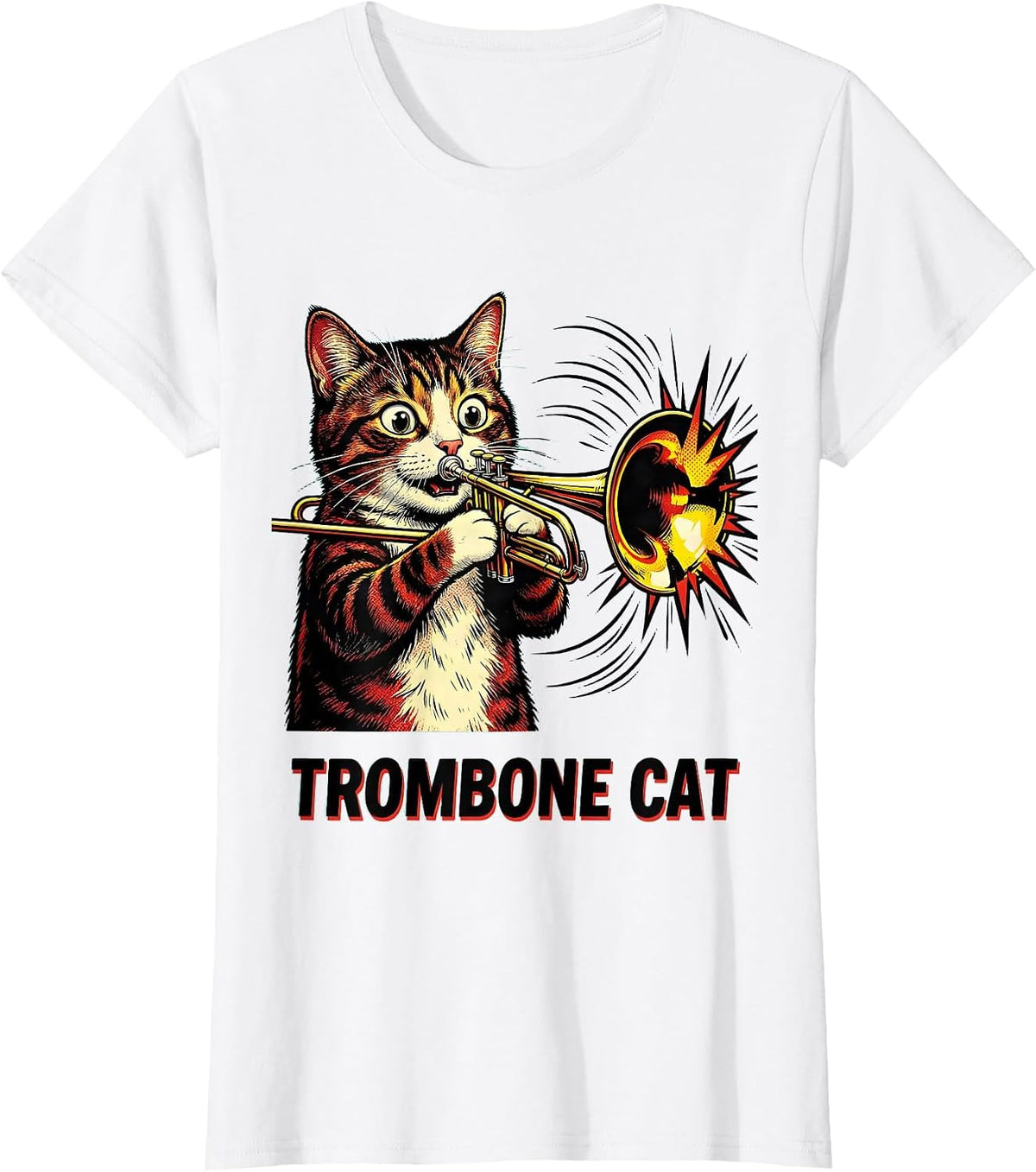 Trombone Cat Pop Art Funny Cat Musician Music Teacher Gift T-Shirt - White