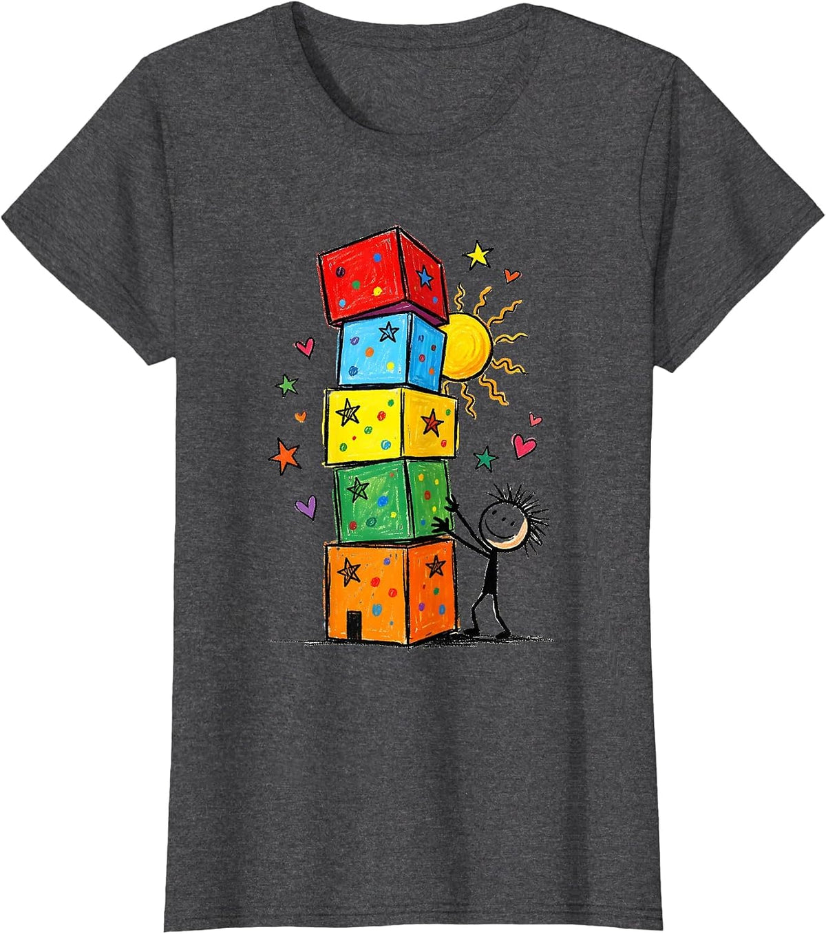 Women's Preschool Teacher Building Blocks Tower Graphic T-Shirt - Dark Heather Grey
