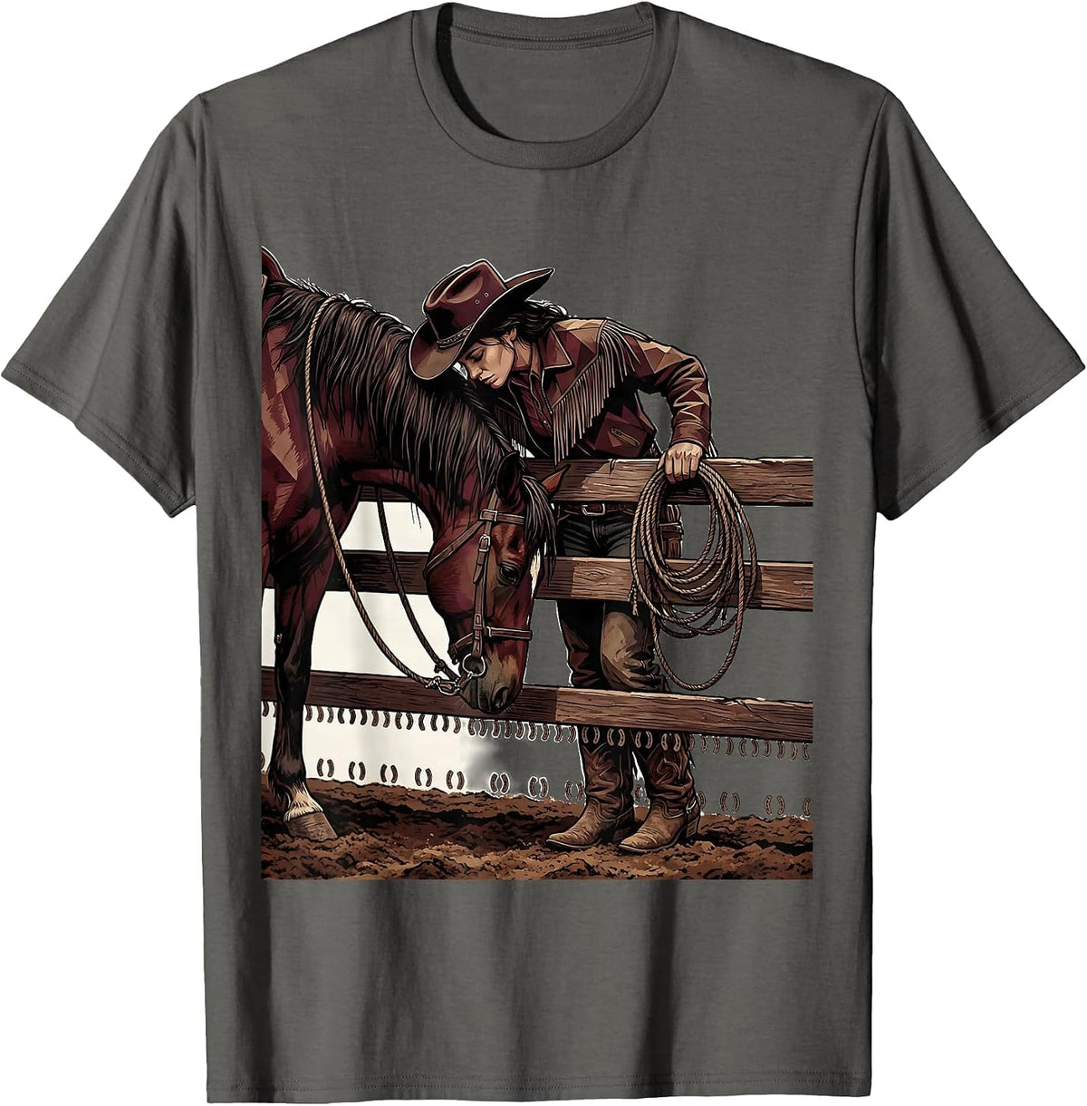 Men's Black Cowgirl Horse Rodeo Pride Western Pride Illustration T-Shirt - Asphalt Grey