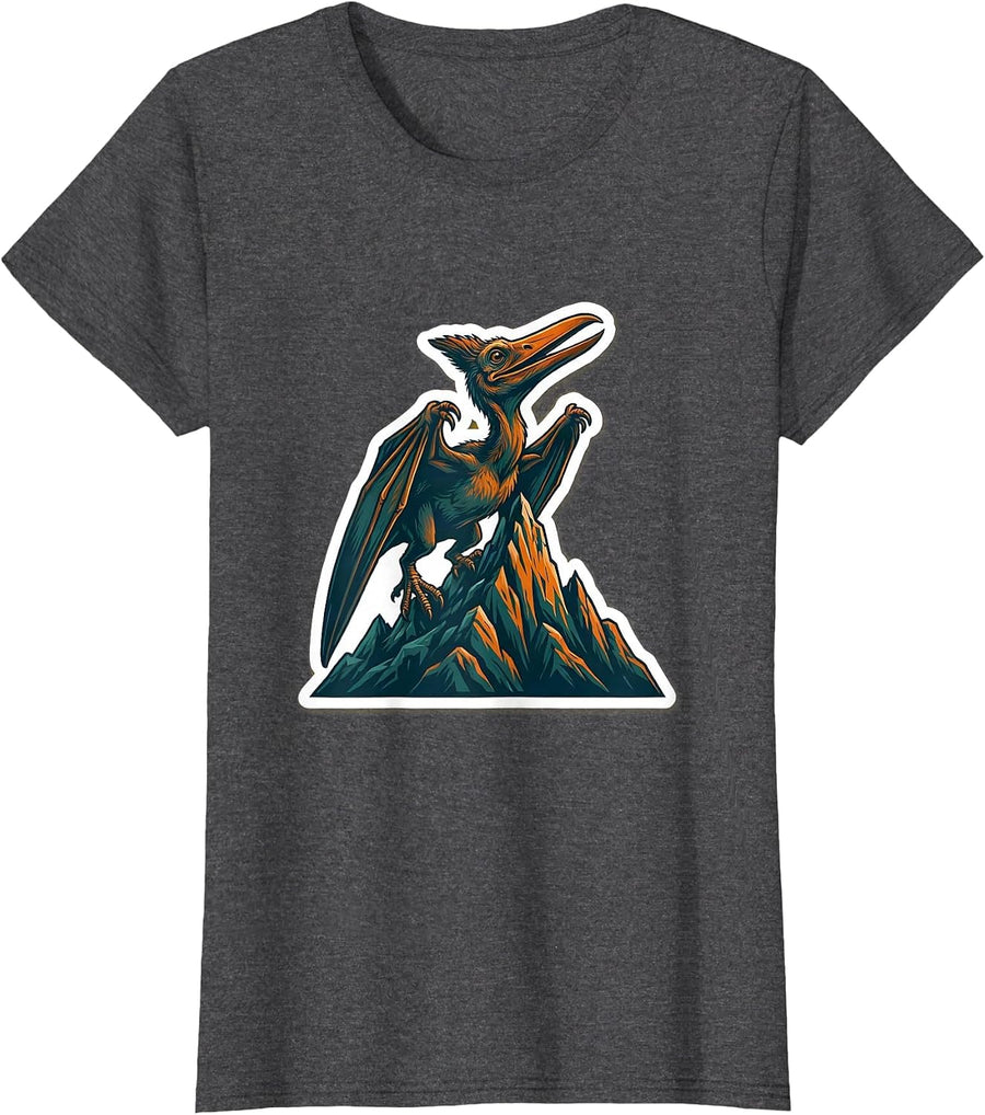Women's Pterodactyl Mountain Peak Dinosaur Illustration T-Shirt - Dark Heather Grey