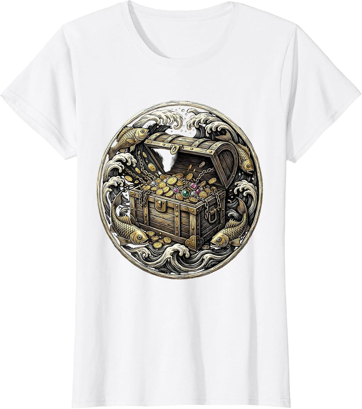 Underwater Treasure Chest Pirate Graphic Tee T-Shirt - White