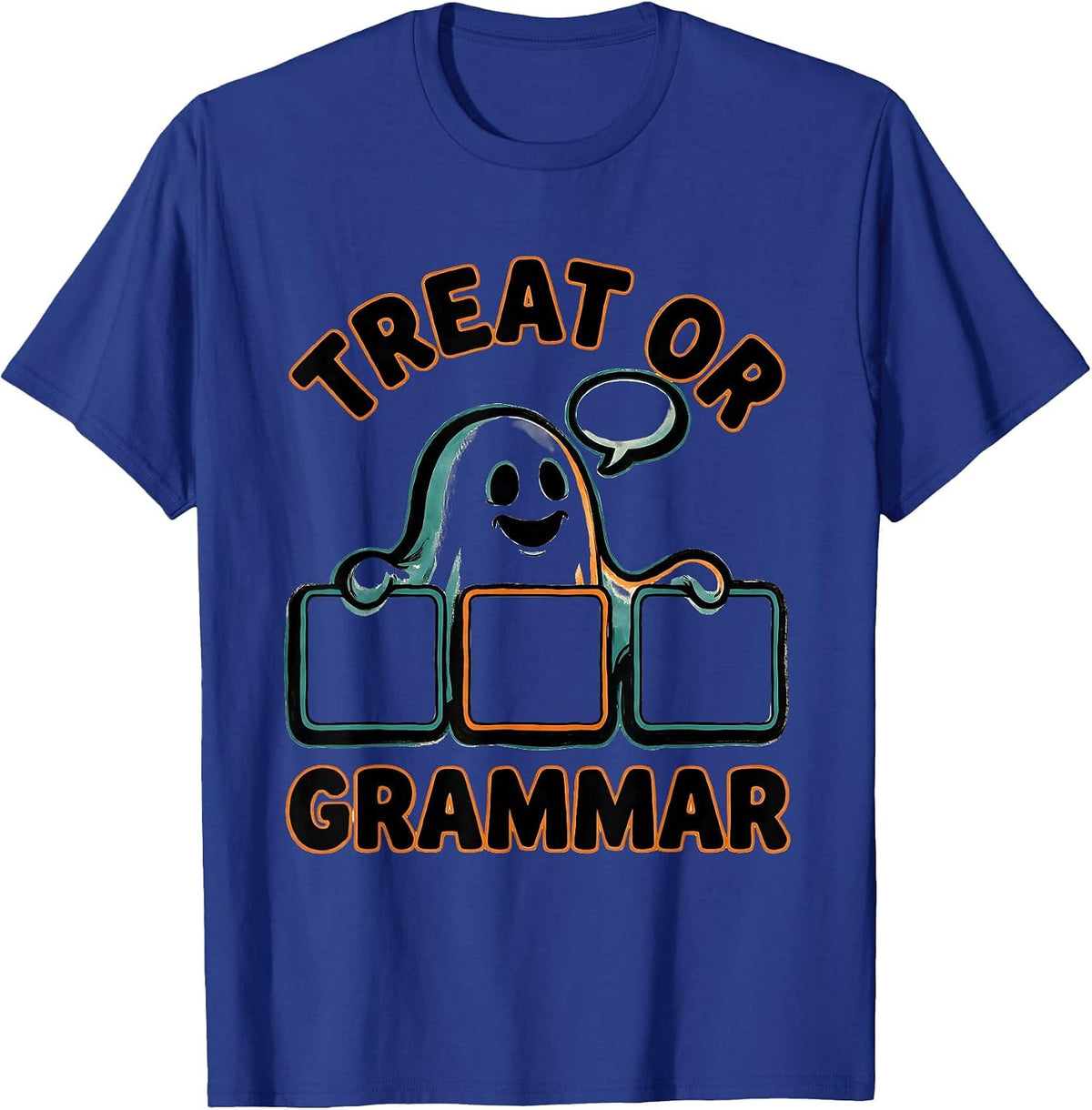 Men's Treat Or Grammar Cartoon Ghost Halloween SLP Teacher T-Shirt - Royal Blue