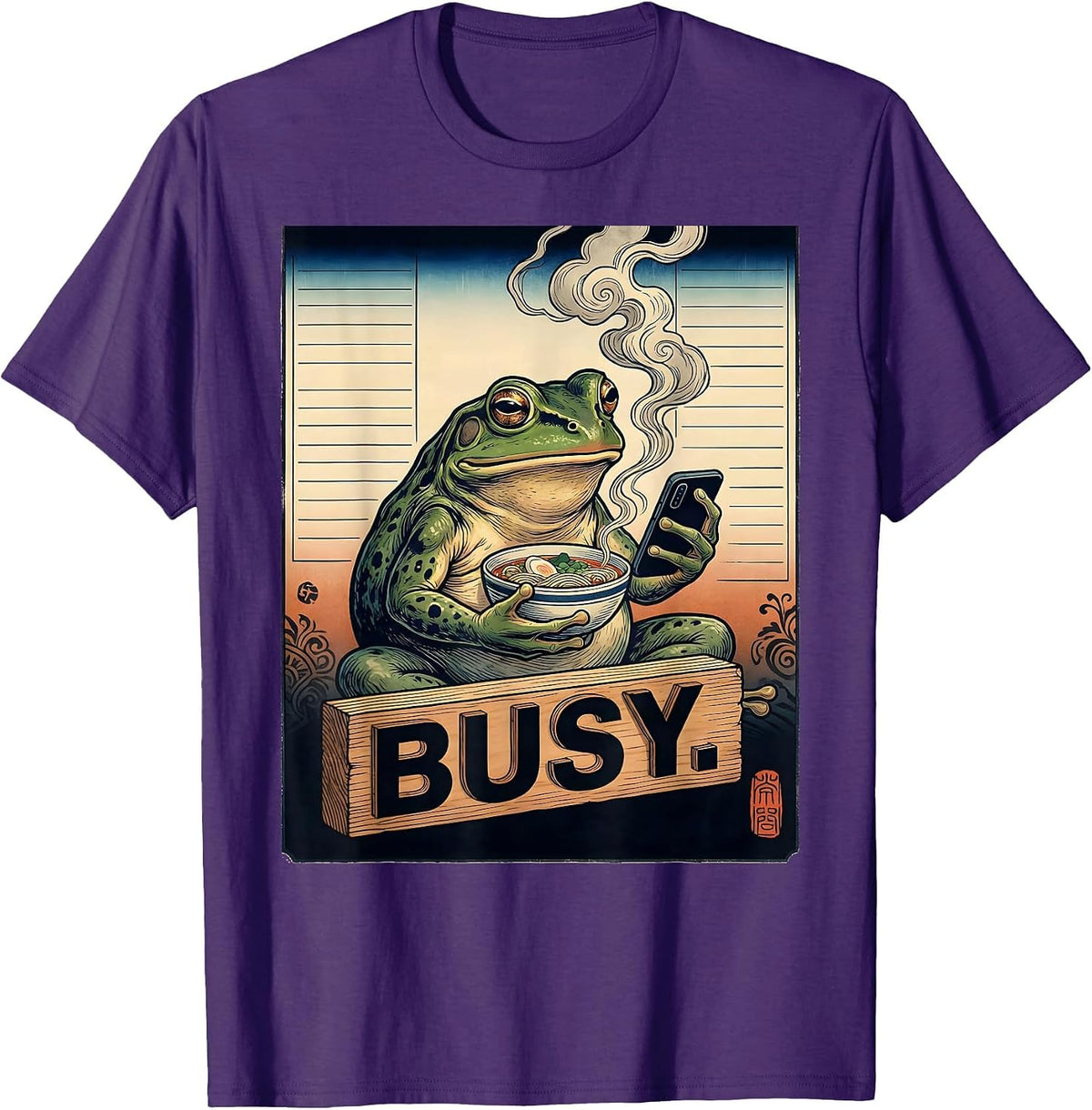 Men's Busy Grumpy Frog Ukiyo-e Ramen Humor Japanese Art T-Shirt - Purple