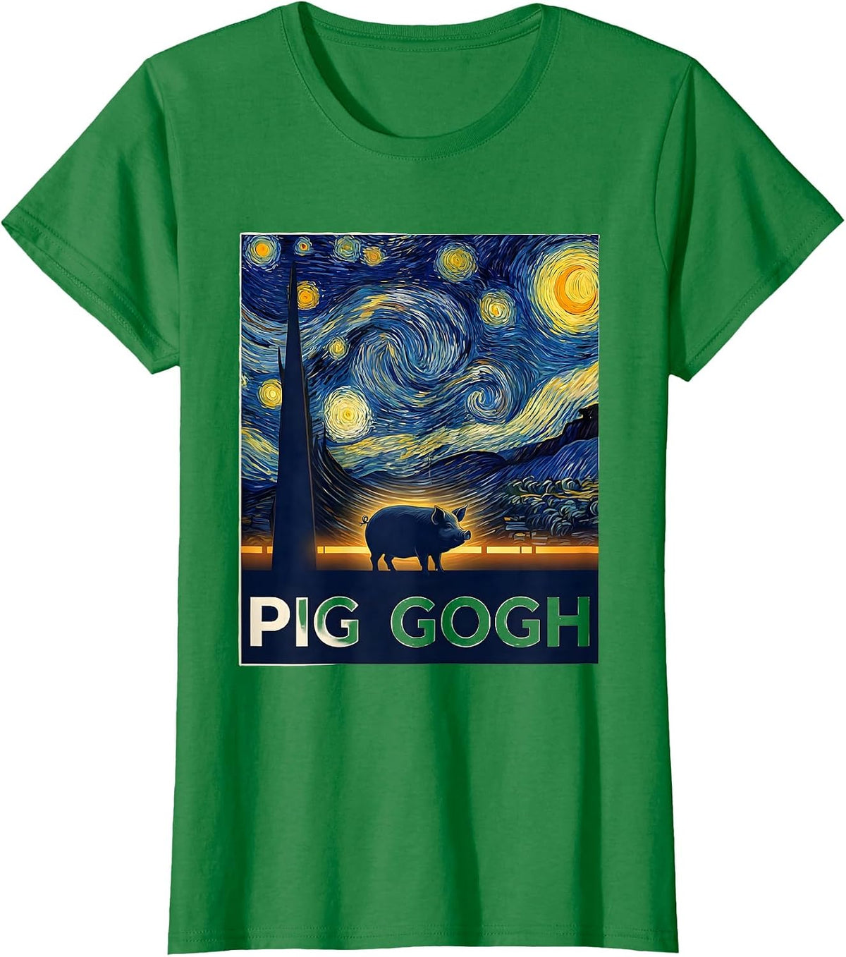 Women's Pig Gogh Flat Vector Art Parody Pet Lover Gift T-Shirt - Kelly Green
