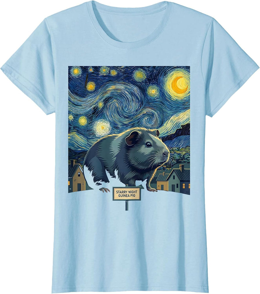 Women's Starry Night Guinea Pig Van Gogh Animal Lover Art Homage T-Shirt - Baby Blue