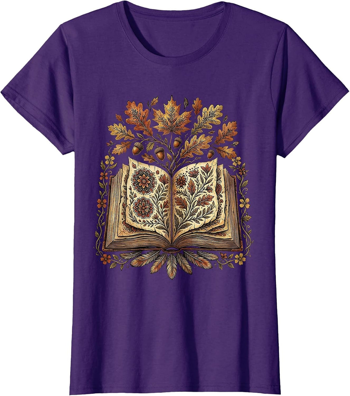 Women's Teacher Fall Open Book Leaves Illustration T-Shirt - Purple