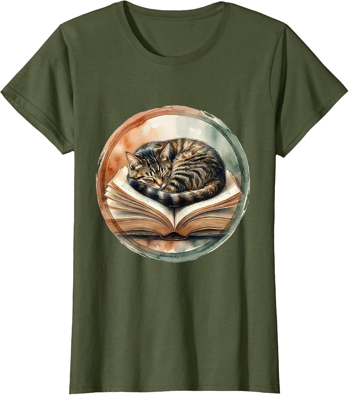 Women's Cat Napping on Open Textbook Teacher Gift T-Shirt - Olive Green