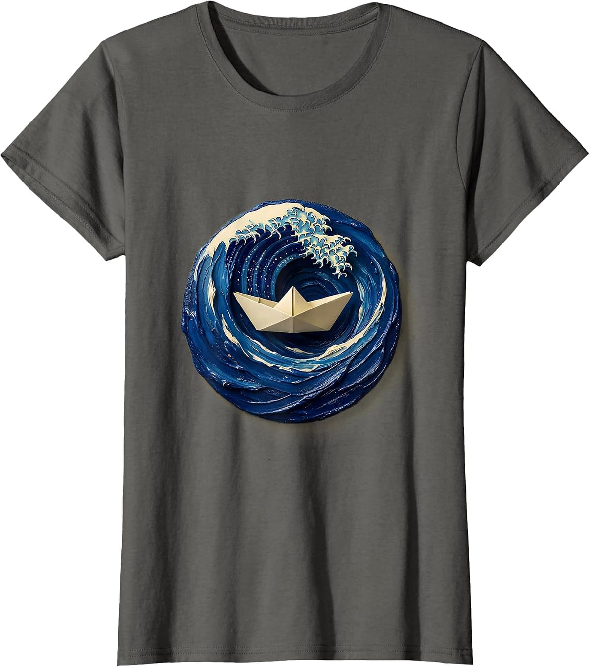 Women's Small Boat vs Massive Waves Nautical Art T-Shirt - Asphalt Grey