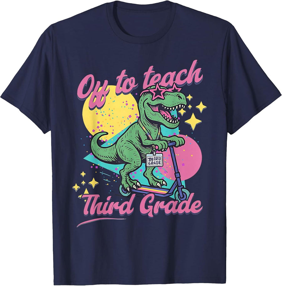 Off to Teach Third Grade Retro Dinosaur Scooter Teacher 3rd T-Shirt - Navy Blue