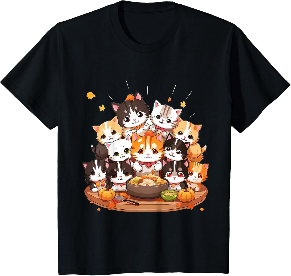 Cute Funny Cats Celebrating Thanksgiving Autumn Dinner T-Shirt - Black
