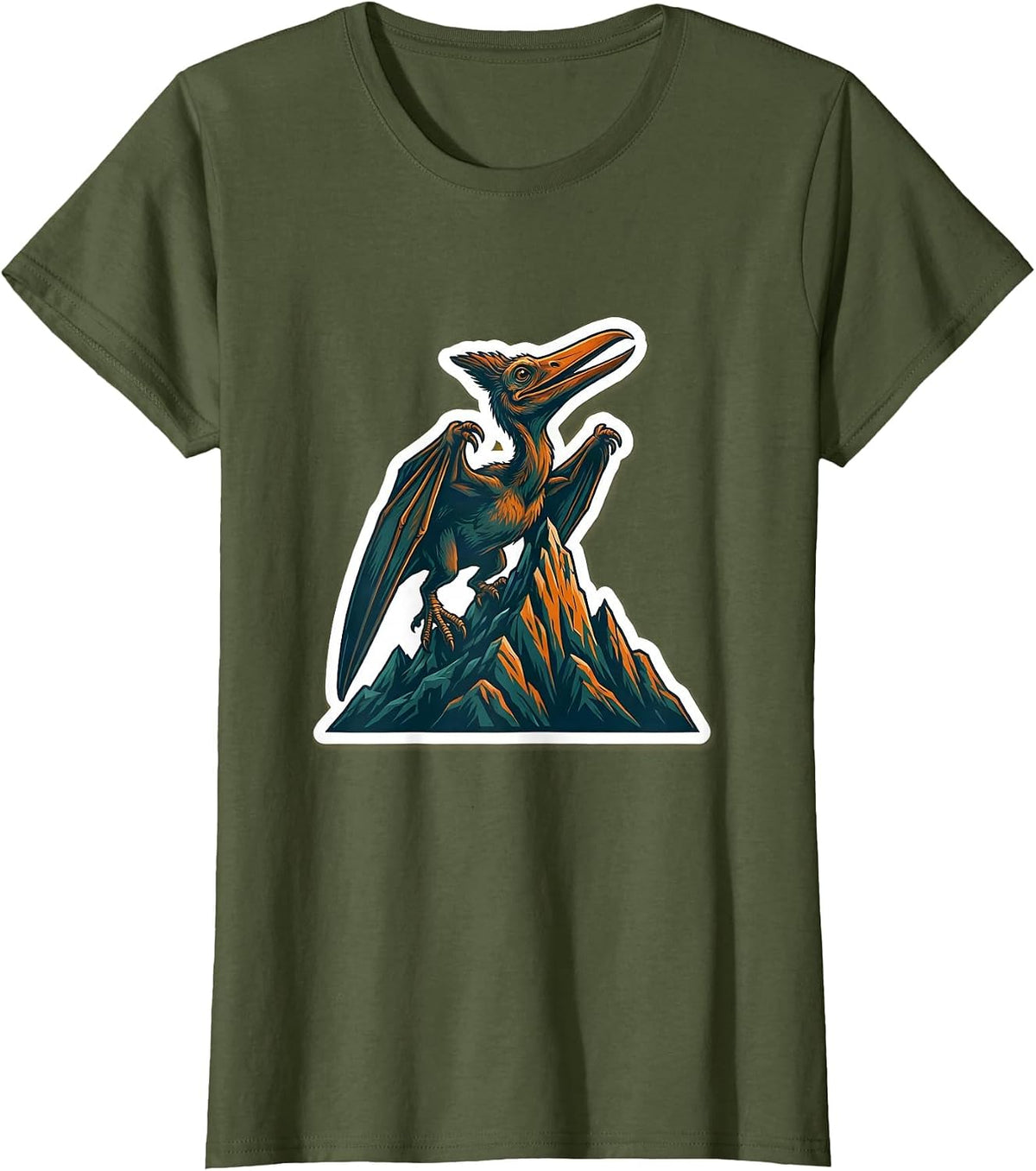 Women's Pterodactyl Mountain Peak Dinosaur Illustration T-Shirt - Olive Green