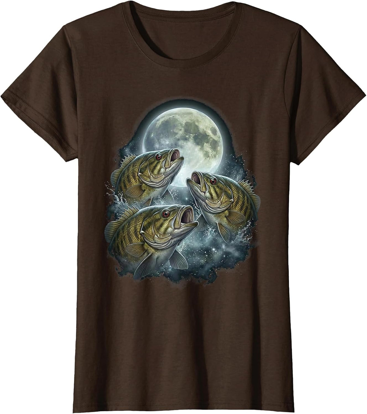 Smallmouth Bass Howling Moon Design Vintage Bass Fishing T-Shirt - Brown