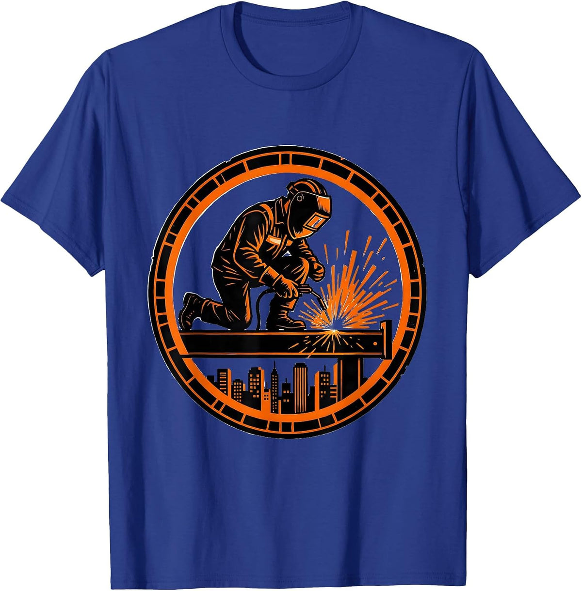 Welder on Iron Beam High Above the City T-Shirt - Royal Blue