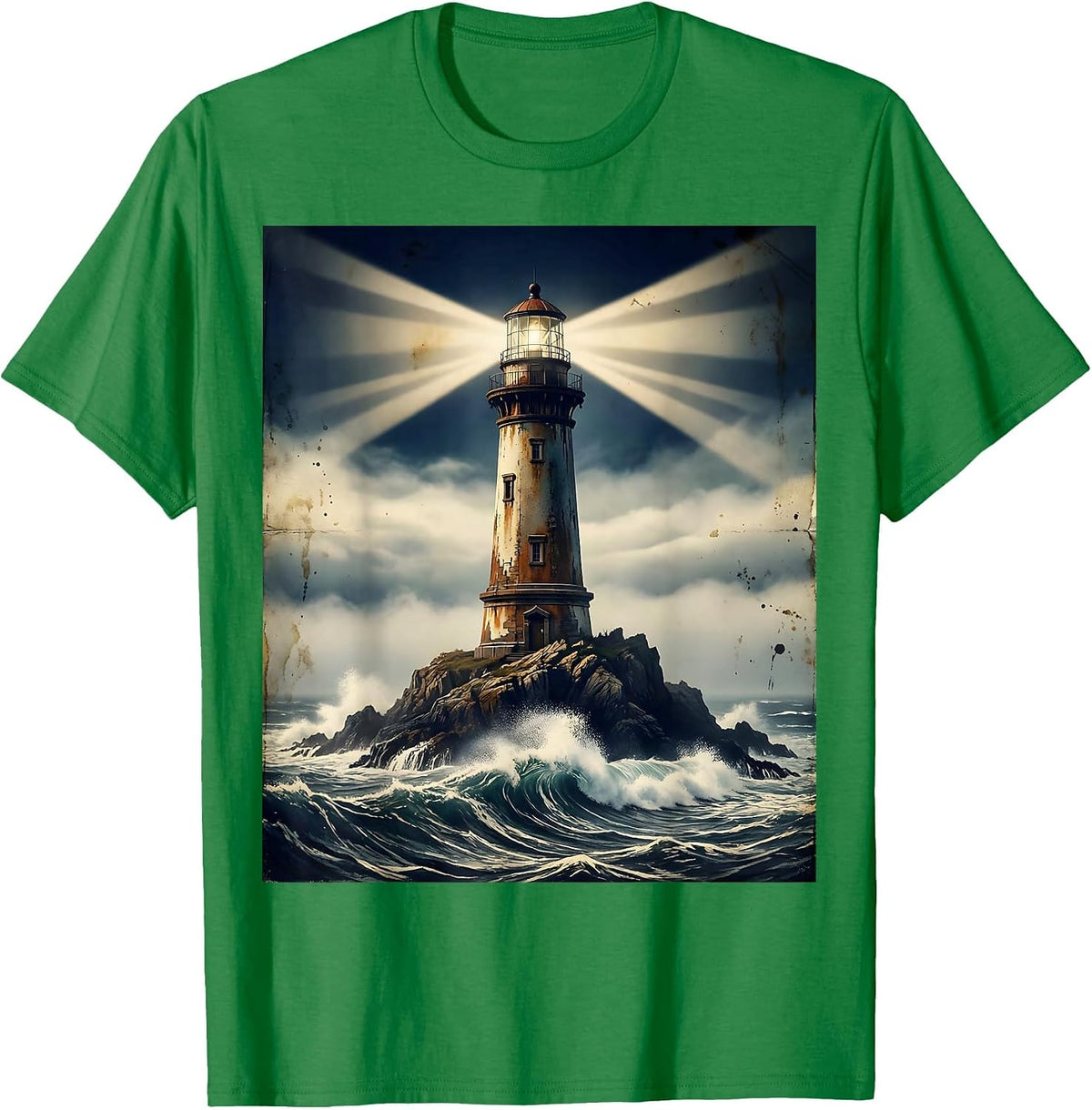 Men's Lighthouse Beam Through Night Fog Sailor Design T-Shirt - Kelly Green