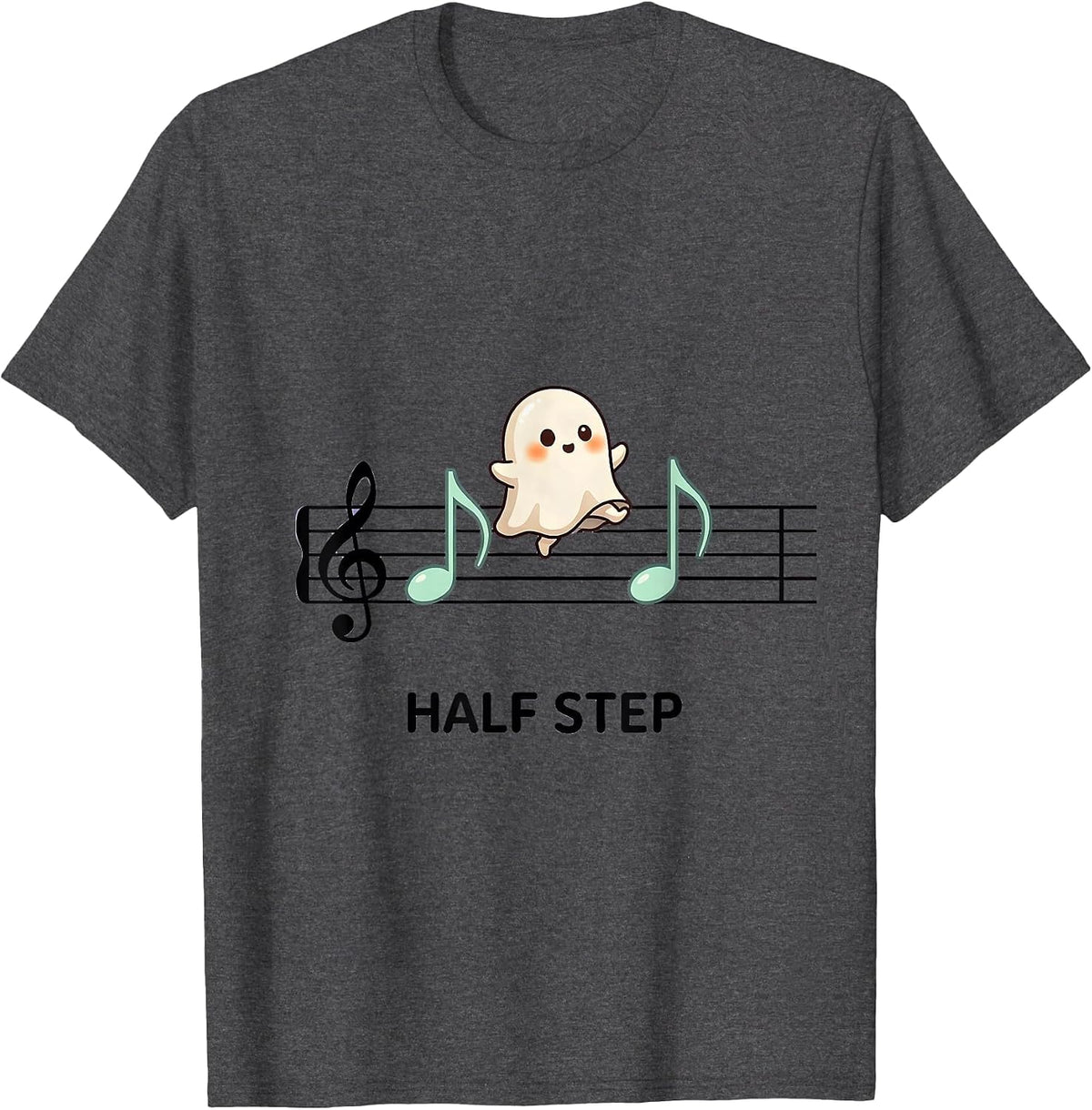 Half Step Cute Kawaii Ghost Music Teacher Halloween Humor T-Shirt - Dark Heather Grey