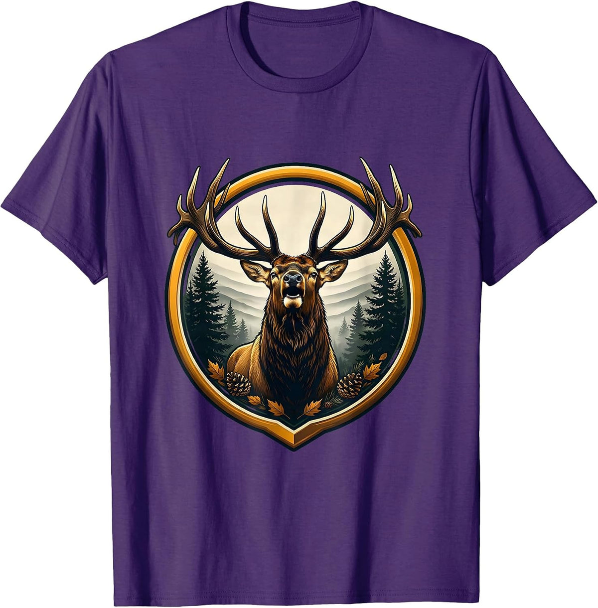 Men's Elk Bugling in Foggy Pine Forest Fall Design T-Shirt - Purple