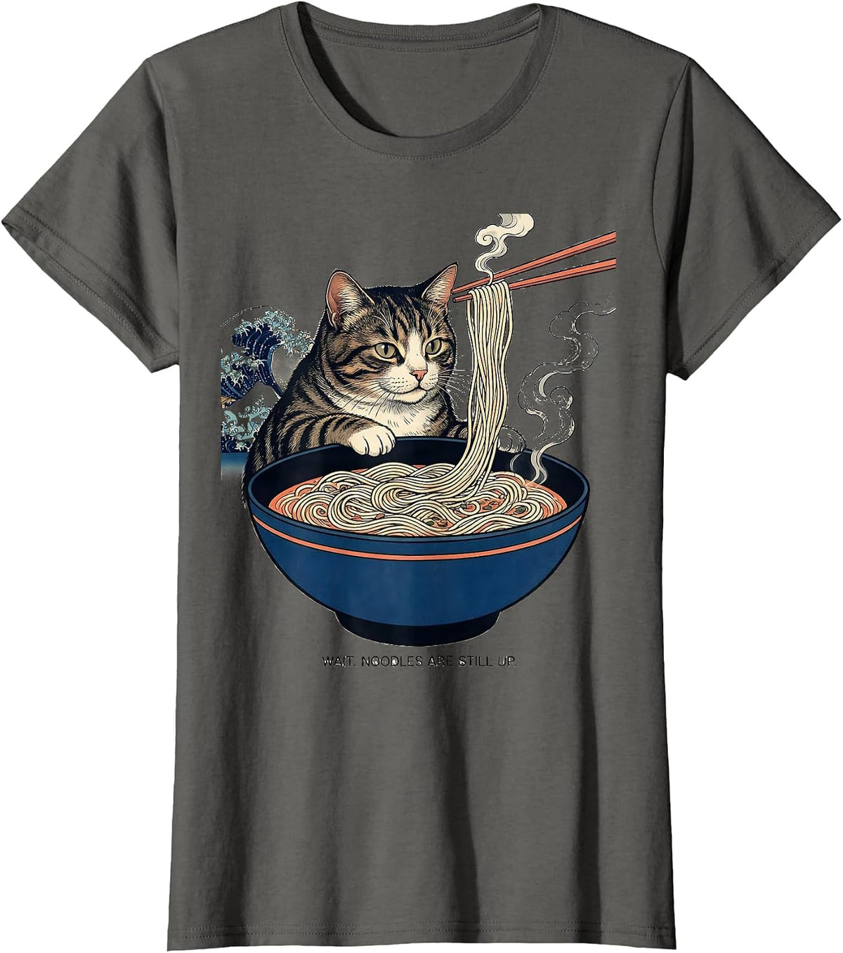 Women's Wait. Noodles Are Still Up Kawaii Cat Anime Ramen Humor T-Shirt - Asphalt Grey