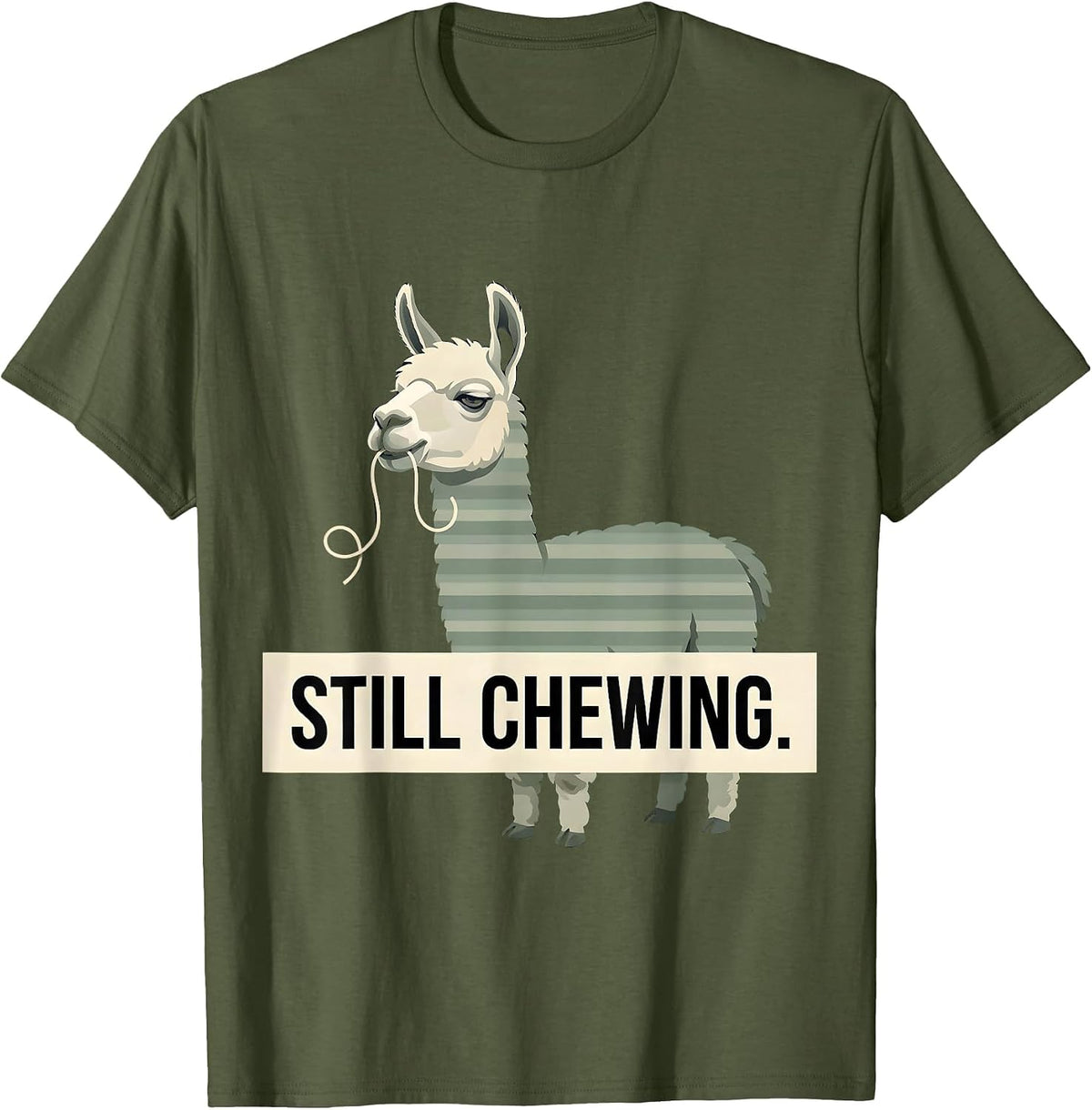 Men's Still Chewing Editorial Conceptual Llama Alpaca Humor Funny T-Shirt - Olive Green