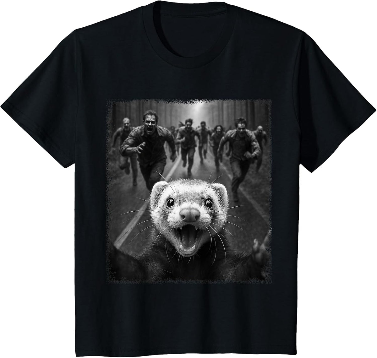 Funny Spooky Ferret Selfie with Creepy Halloween Zombies T-Shirt - Black
