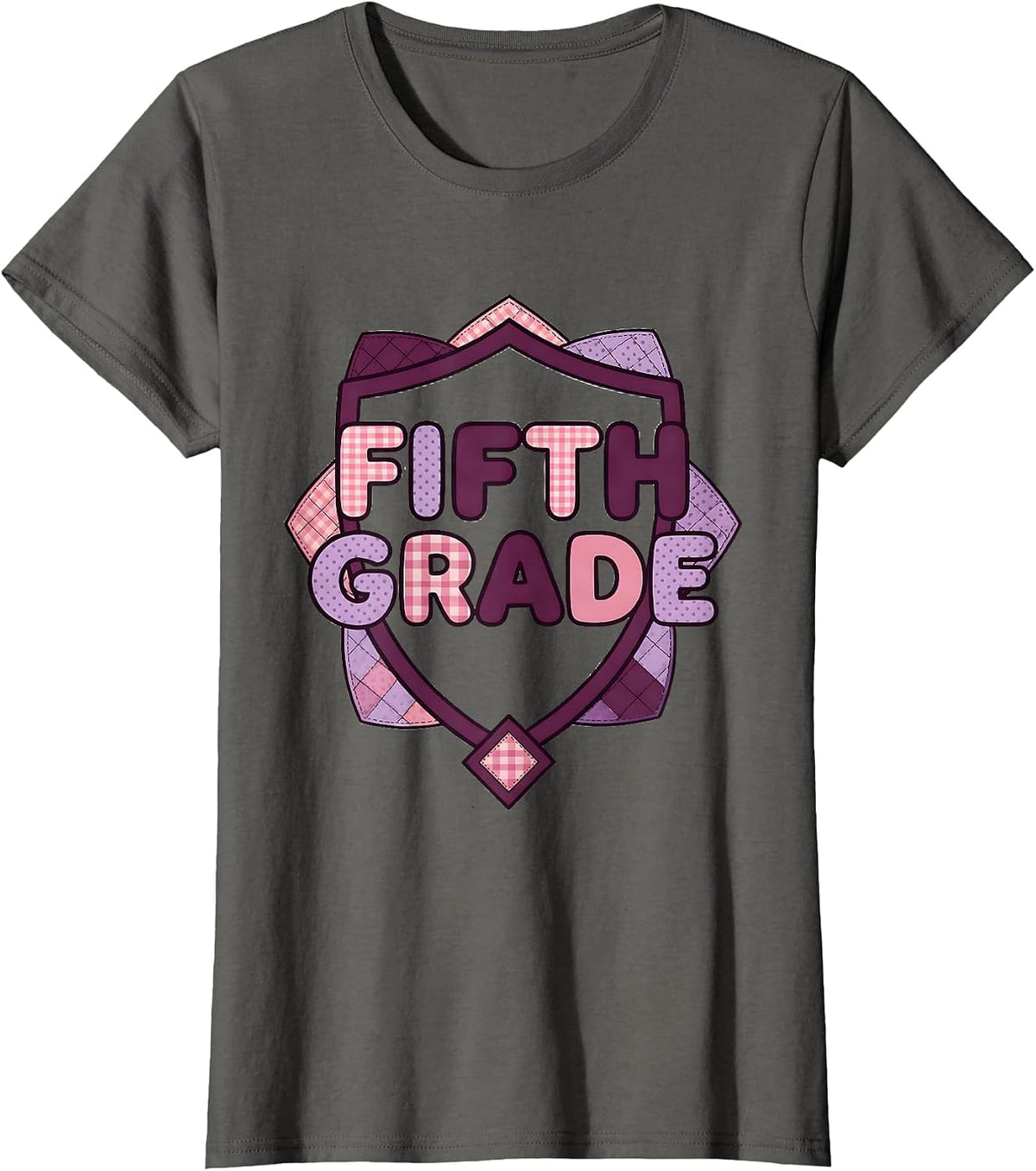 Women's Fifth Grade Blue Patchwork Back To School Girls Teachers T-Shirt - Asphalt Grey