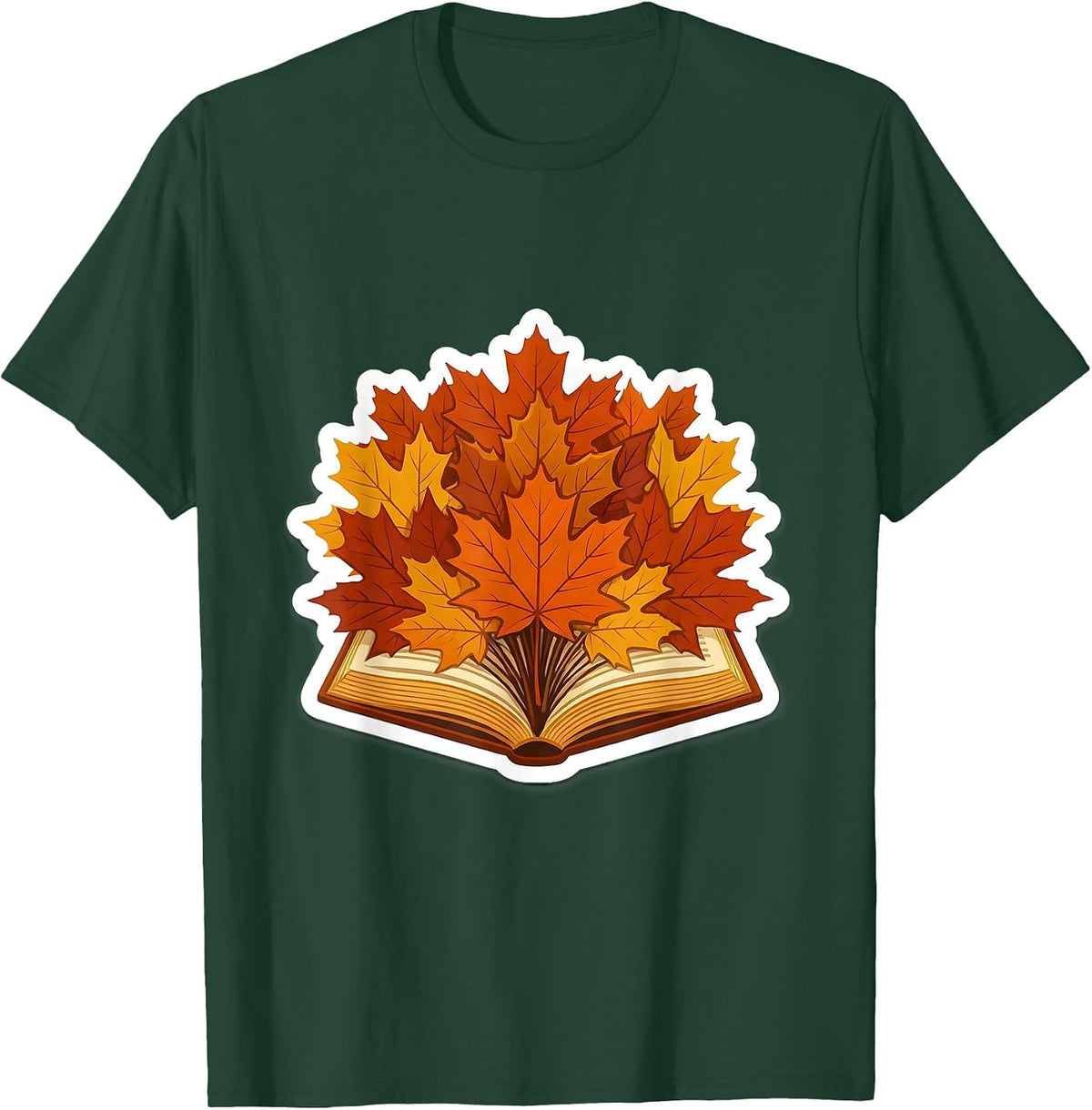 Men's Teacher Fall Open Book Maple Leaves Autumn Design T-Shirt - Dark Green