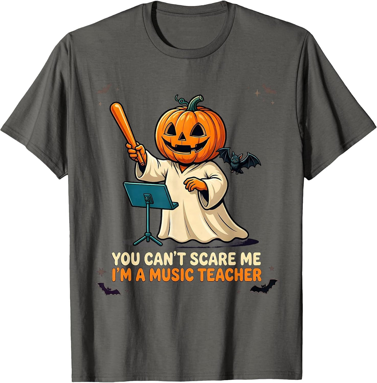 You Can't Scare Me I'm a Music Teacher Cartoon Halloween T-Shirt - Asphalt Grey