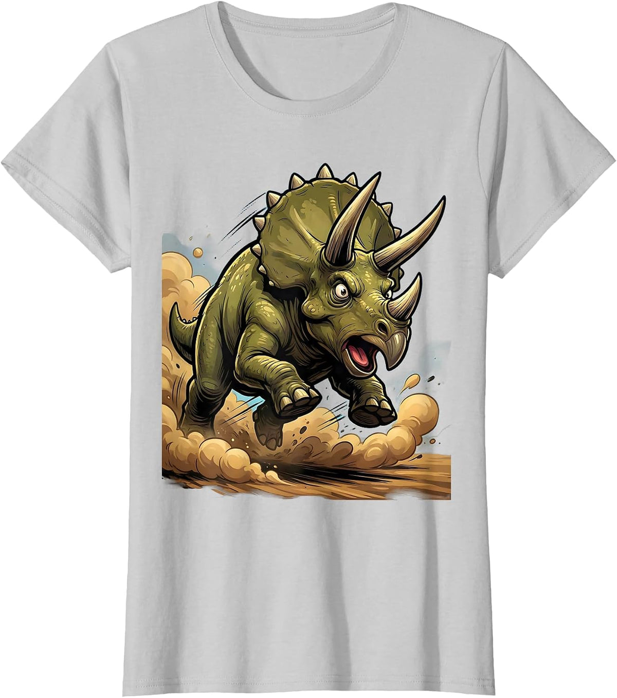Triceratops Charging Dinosaur Dust Cloud Graphic T-Shirt - Silver Grey