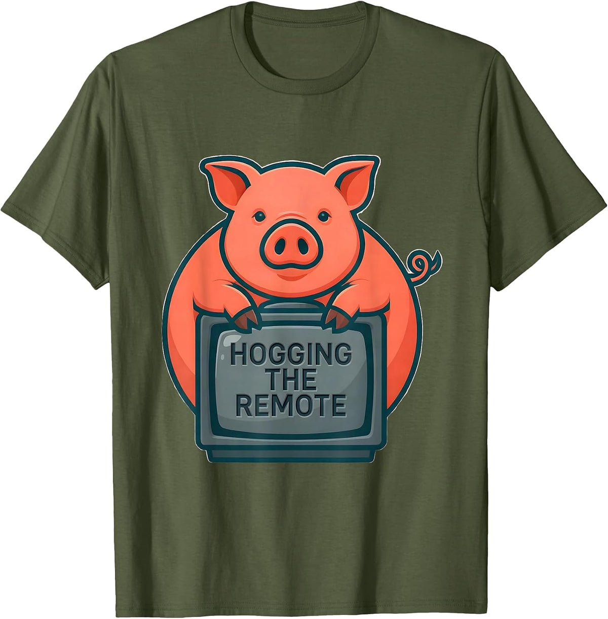 Hogging The Remote Funny Pig Farm Animal Lover Humor T-Shirt - Olive Green