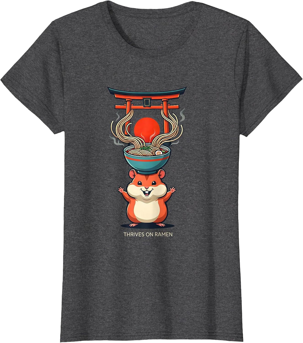 Women's Thrives on Ramen Funny Hamster Anime Animal Lover Gift T-Shirt - Dark Heather Grey