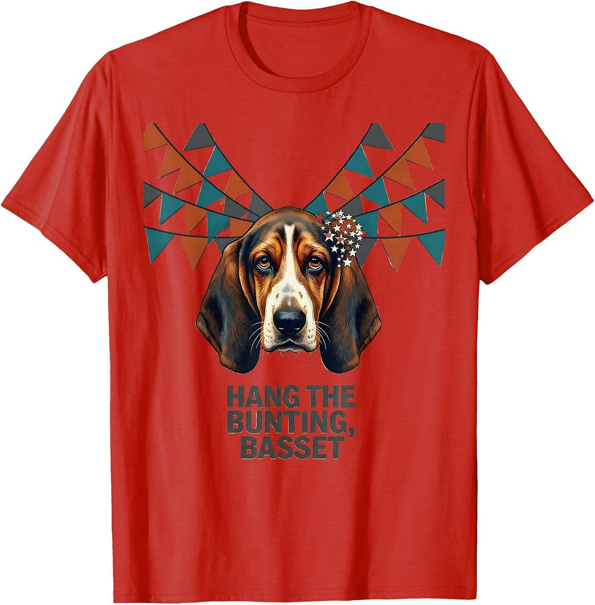Men's Hang The Bunting, Basset Midcentury Modern Patriotic Dog T-Shirt - Red