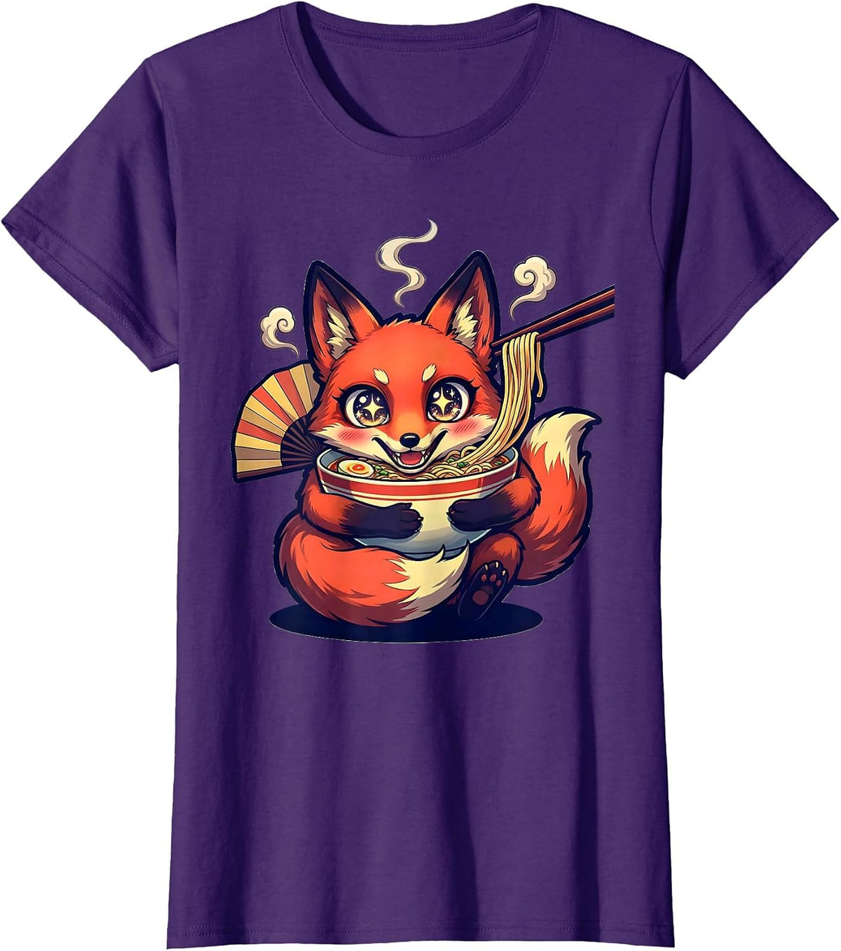 Women's Chibi Kitsune Ramen Anime Cute Animal Humor T-Shirt - Purple