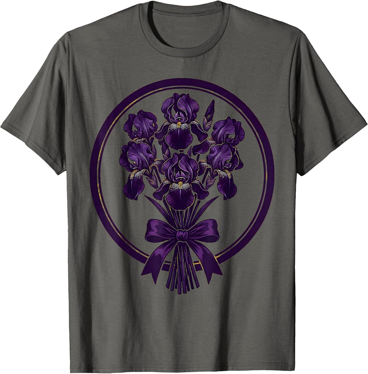 Mardi Gras Iris Bouquet Gold Ribbon Illustration T-Shirt - Asphalt Grey