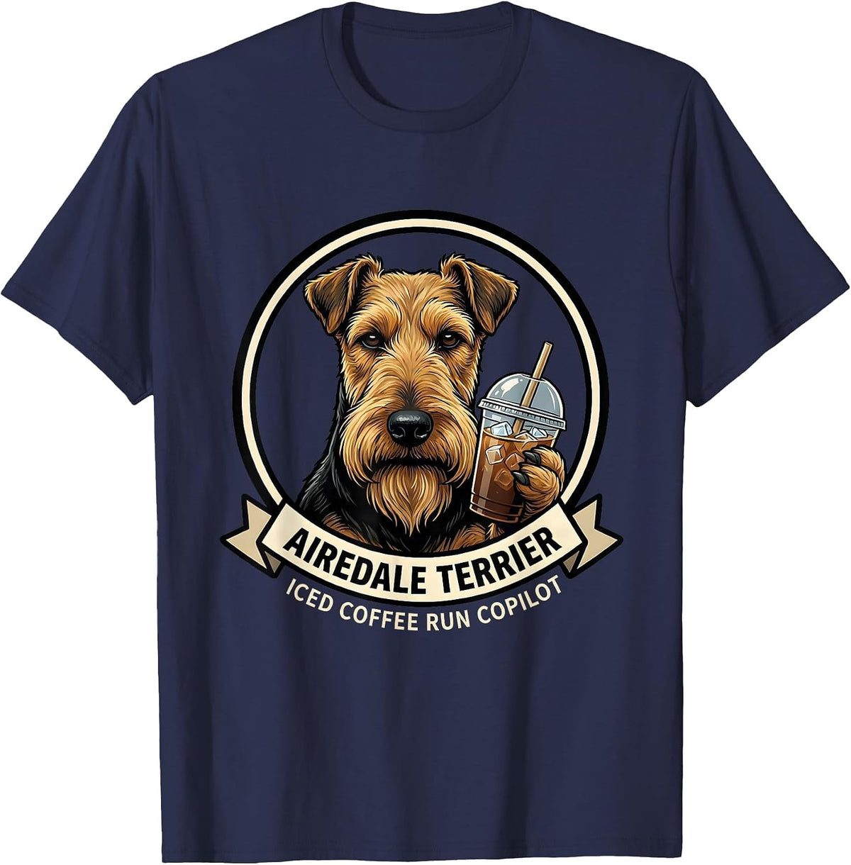 Airedale Terrier Iced Coffee Run Copilot Funny T-Shirt - Navy Blue