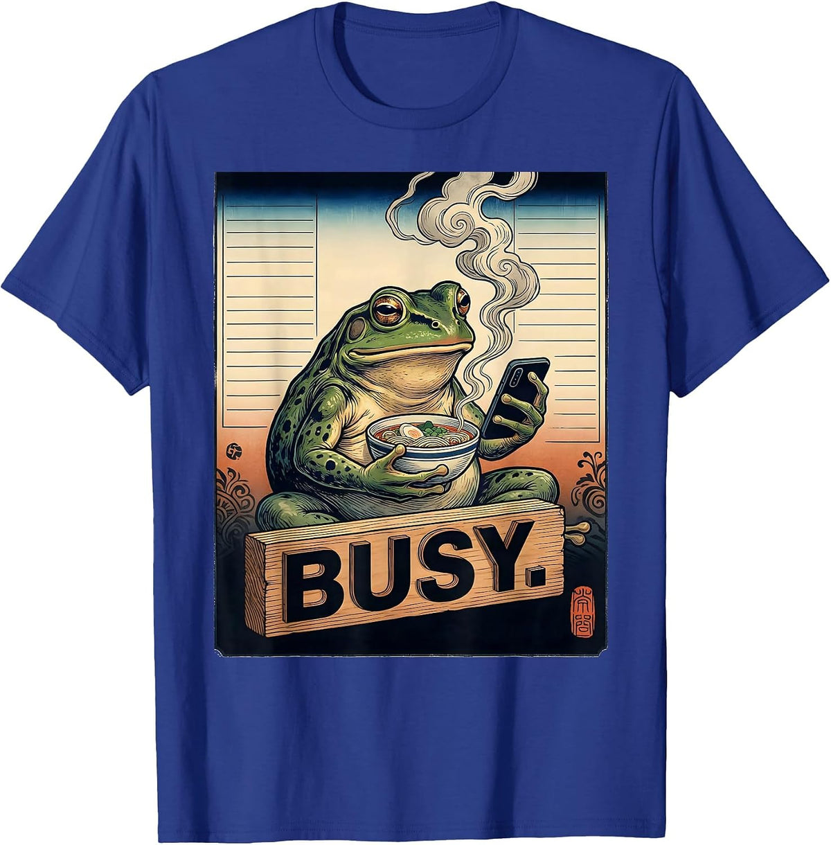 Men's Busy Grumpy Frog Ukiyo-e Ramen Humor Japanese Art T-Shirt - Royal Blue